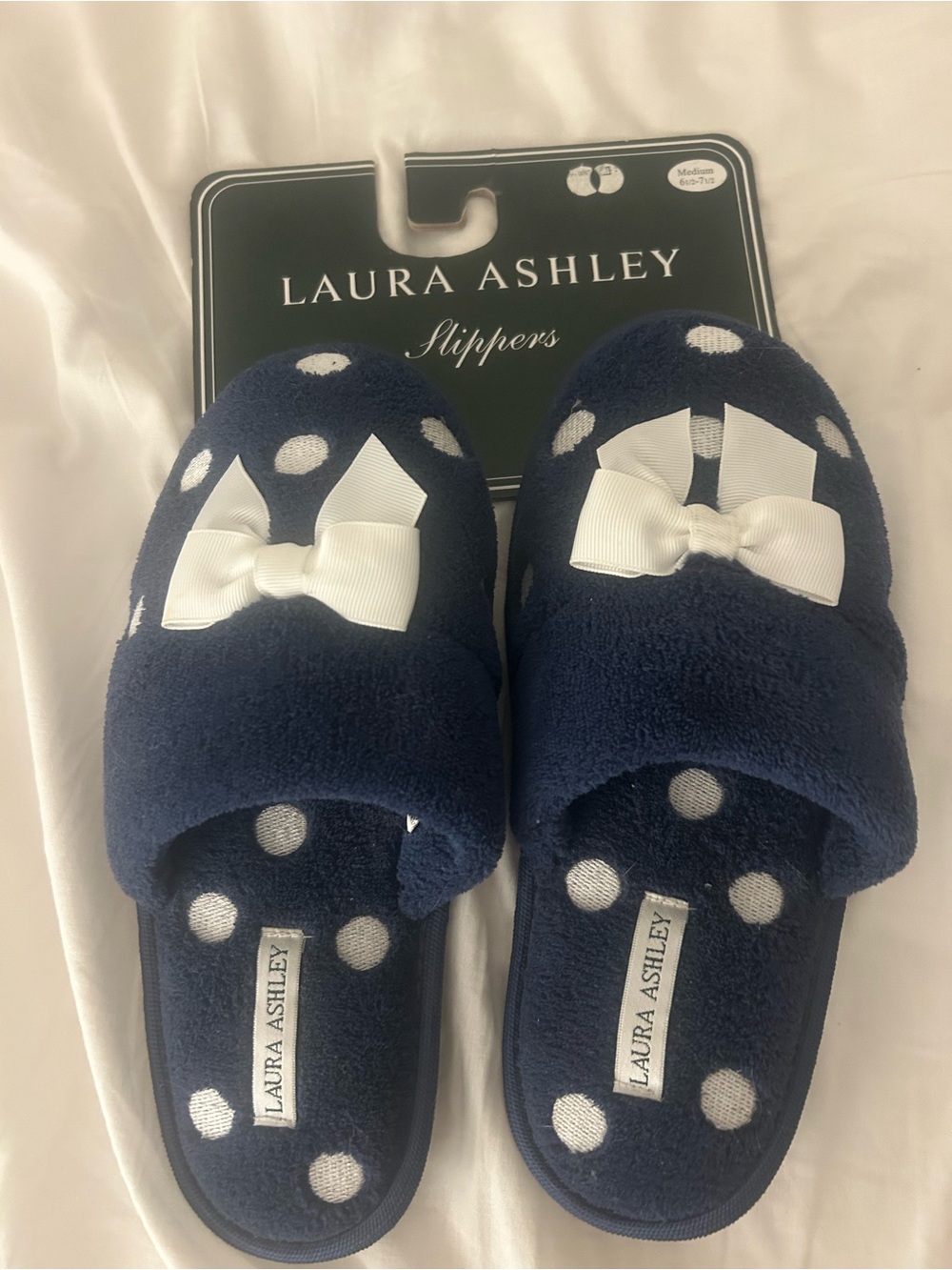 Laura Ashley Navy and White Polka Dot Bow Slip-On Slippers